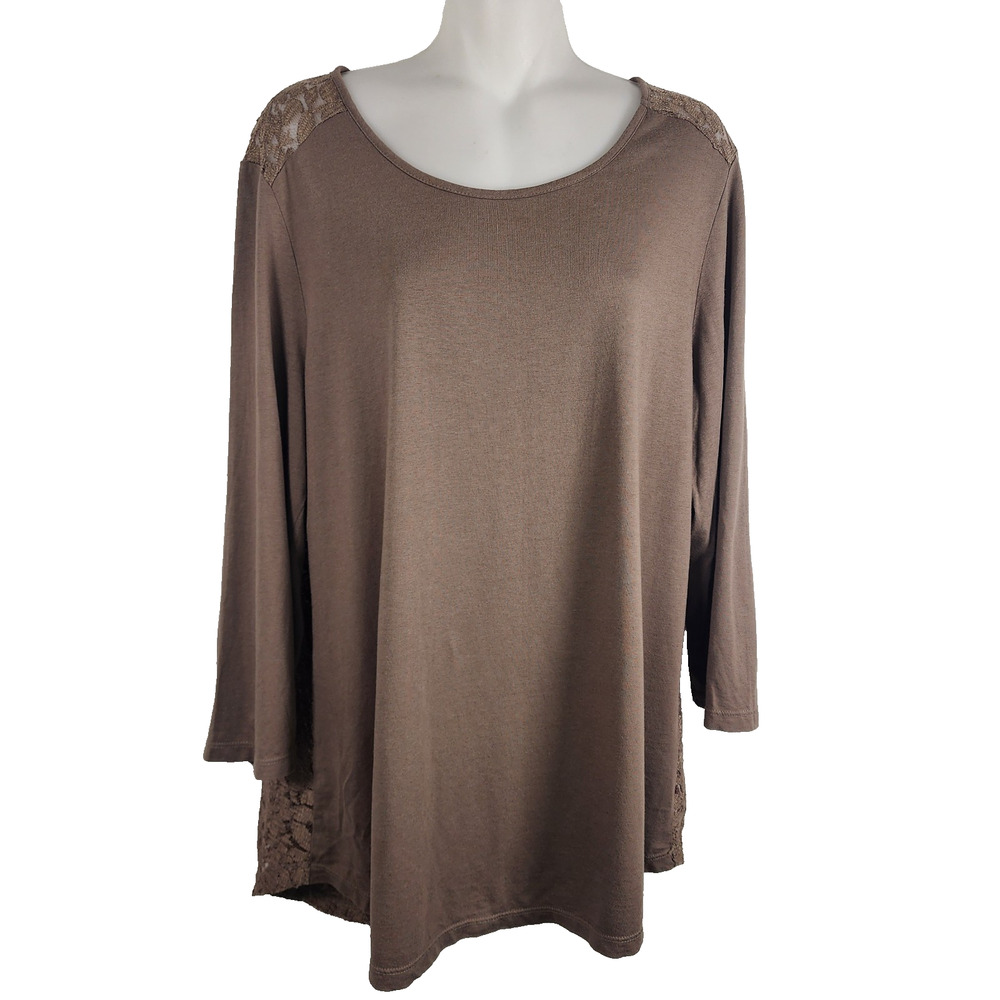 Chico's Womens Tunic Top Brown Knit Sheer Lace Back 3/4 Sleeve Mixed Media Large